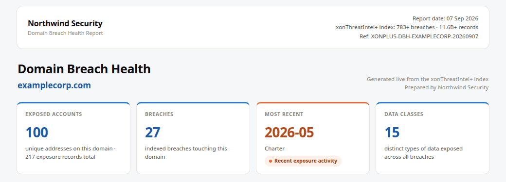 The header and four headline tiles of a domain breach-health report, prepared under the MSSP's own brand: exposed accounts, breaches, most recent, data classes
