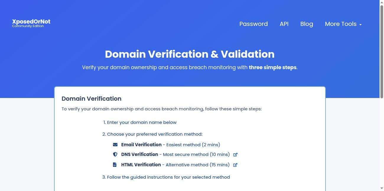 The XposedOrNot domain verification page with its three methods: email in about two minutes, DNS in about ten, HTML in about fifteen