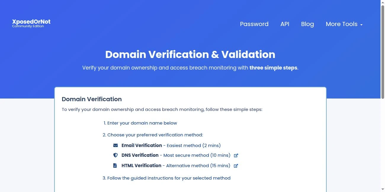 The XposedOrNot domain verification page with its three methods: email in about two minutes, DNS in about ten, HTML in about fifteen