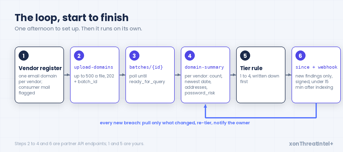 Workflow swimlane: vendor list to CSV, upload-domains, batch status until ready_for_query, domain-summary per vendor, tier rule, webhook plus since for the ongoing loop