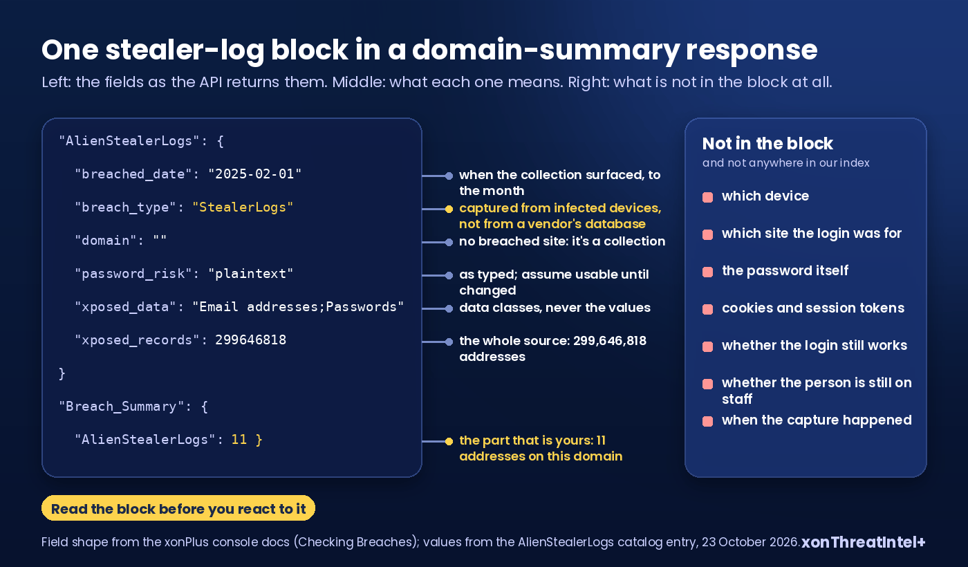 Annotated card of one stealer-log breach block from the domain-summary response: breach_type, breached_date, xposed_data, password_risk and the per-domain count each carry a short plain-English label, and a side column lists what is not in the block